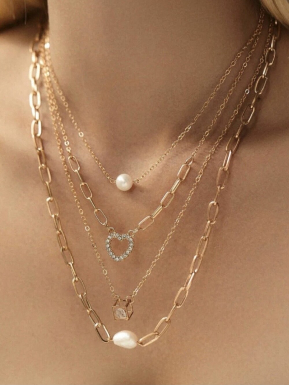 Gold Multi-Layer Pendant Necklace with Pearl and Crystal Accents